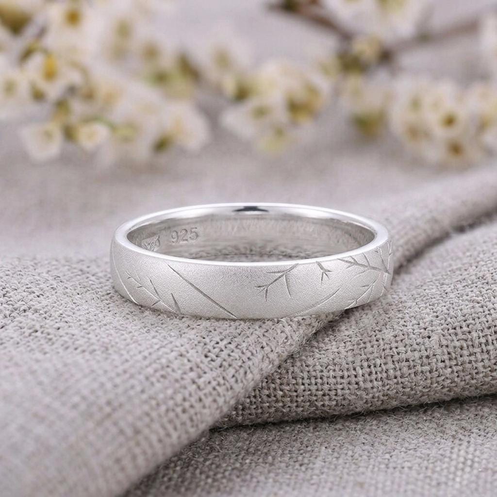Engraved Starburst Gemstone Ring, 925 Silver, Boho Wedding Band