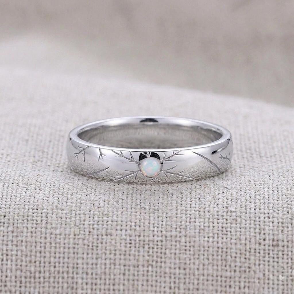 Engraved Starburst Gemstone Ring, 925 Silver, Boho Wedding Band