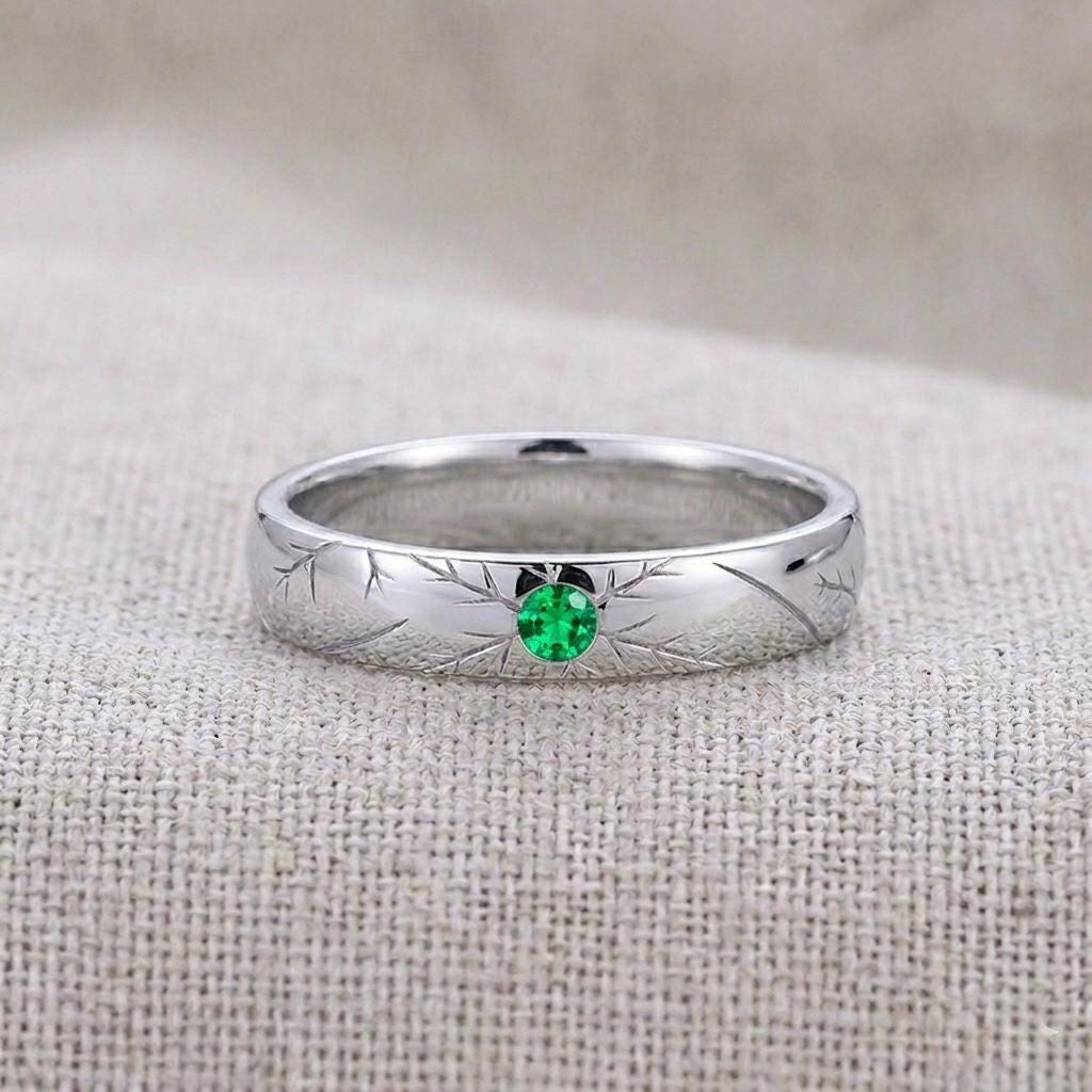 Engraved Starburst Gemstone Ring, 925 Silver, Boho Wedding Band