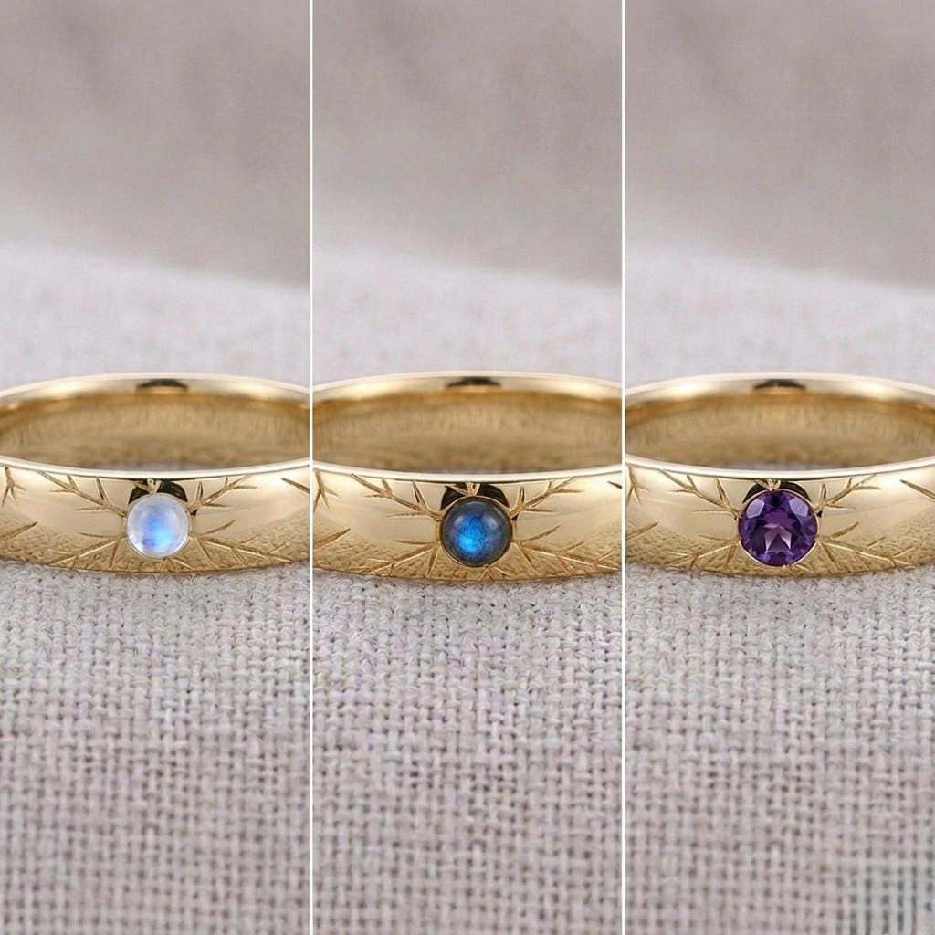 Engraved Starburst Gemstone Ring, 925 Silver, Boho Wedding Band