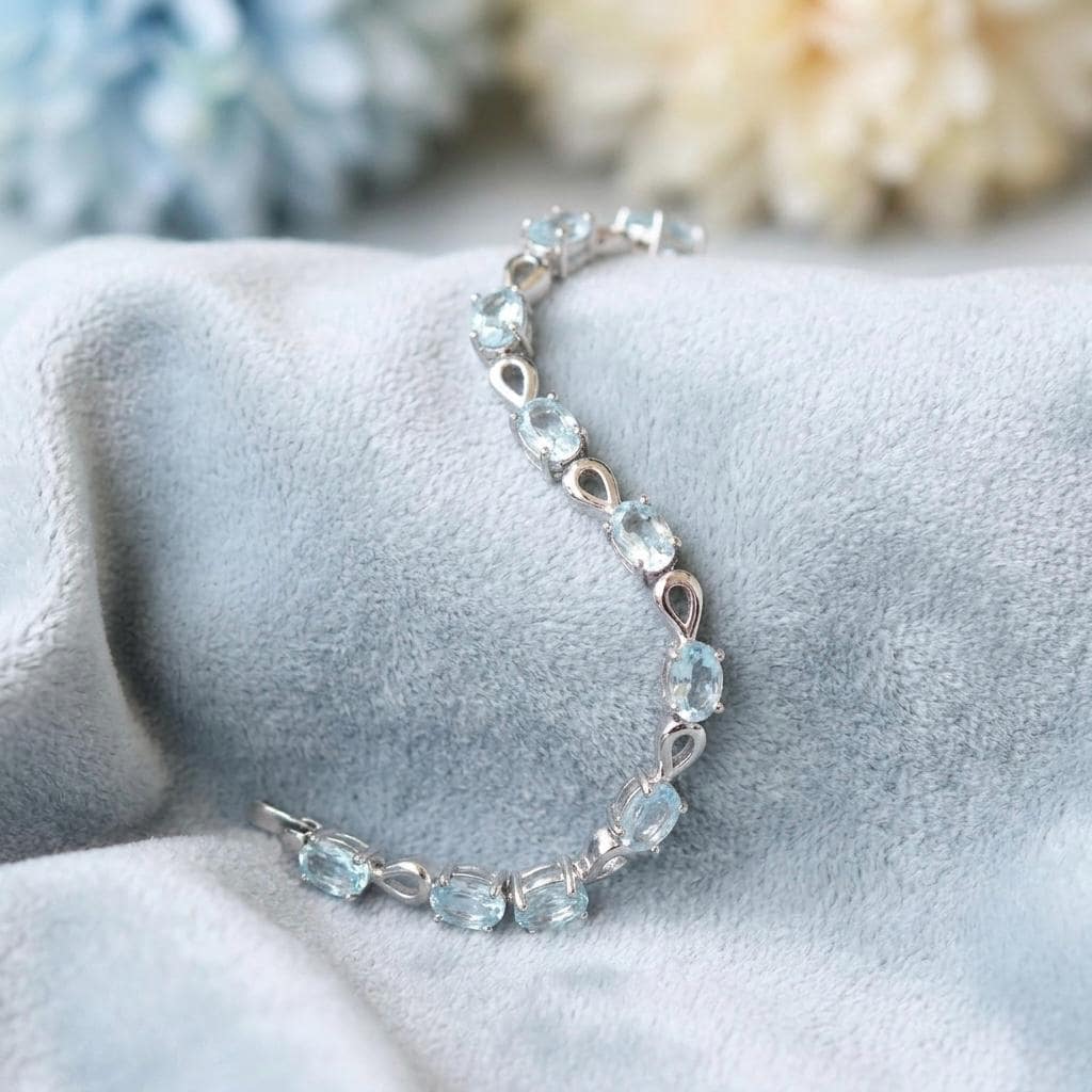 Sterling Silver Blue Topaz Oval Cut Bracelet, Dainty Sky Blue Gemstone Jewelry