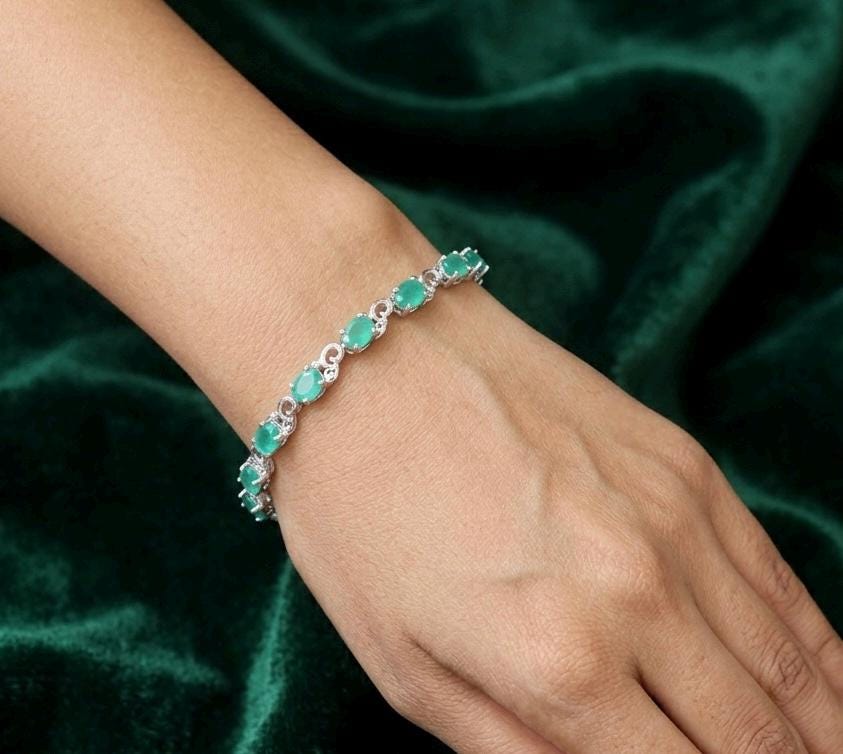 Green Onyx Oval Cut Sterling Silver Bracelet, Dainty May Birthstone Jewelry