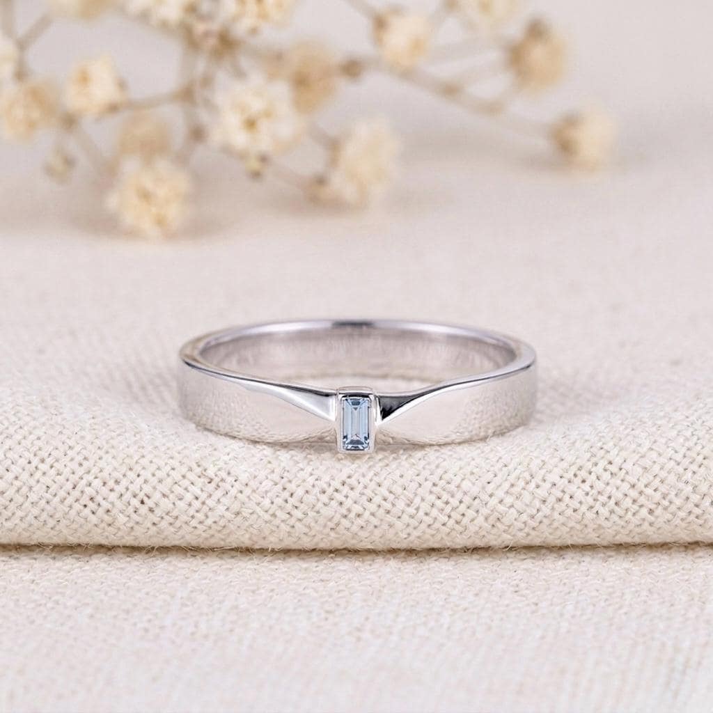 Blue Aquamarine Emerald Cut Ring, Dainty 925 Sterling Silver Stackable Band