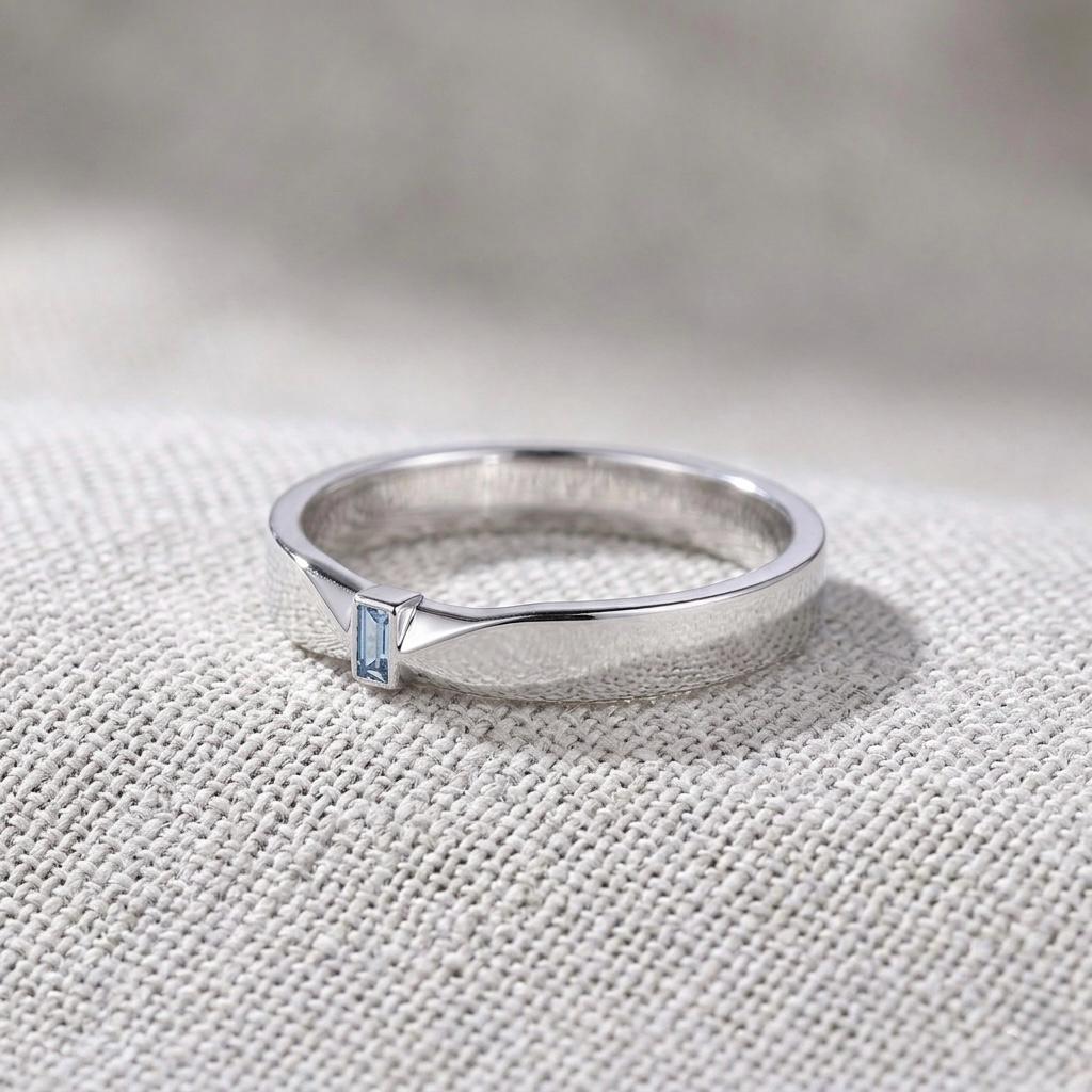 Blue Aquamarine Emerald Cut Ring, Dainty 925 Sterling Silver Stackable Band