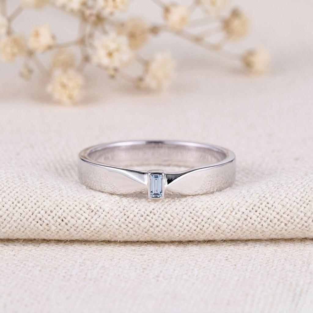 Blue Aquamarine Emerald Cut Ring, Dainty 925 Sterling Silver Stackable Band