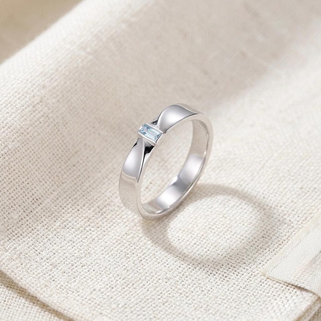 Blue Aquamarine Emerald Cut Ring, Dainty 925 Sterling Silver Stackable Band