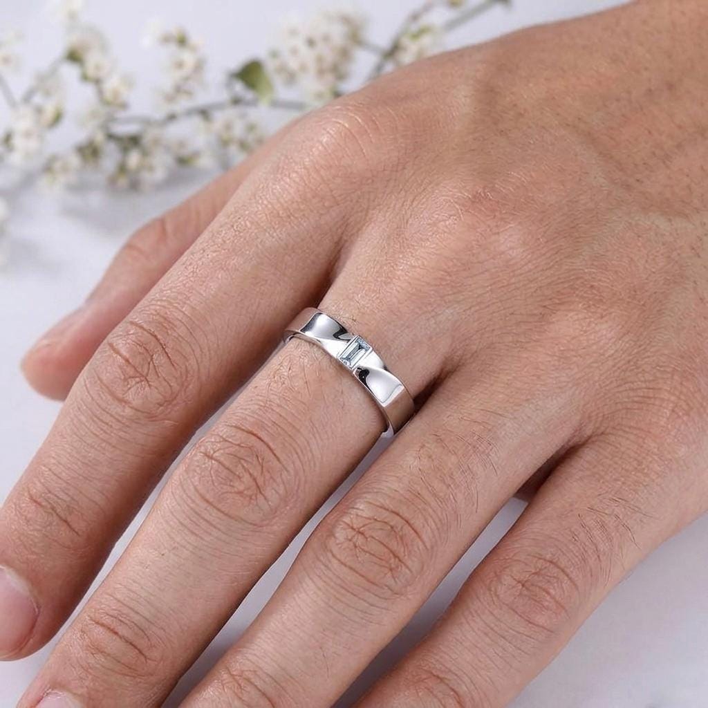 Blue Aquamarine Emerald Cut Ring, Dainty 925 Sterling Silver Stackable Band