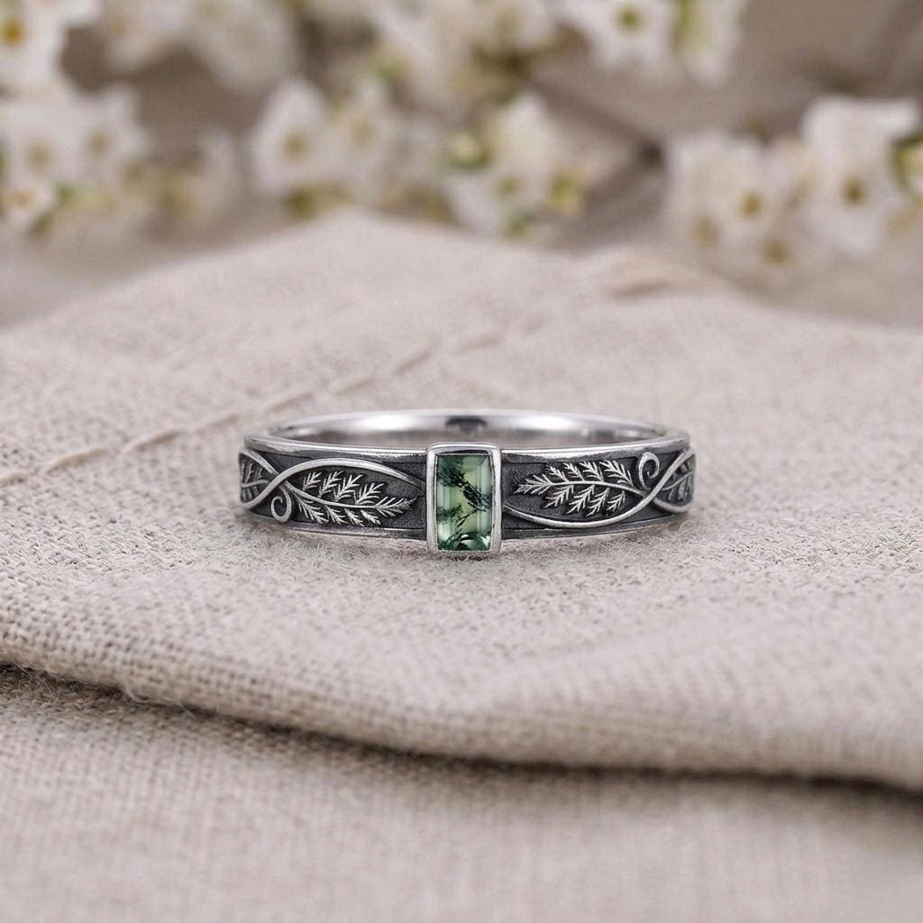 Green Moss Agate Ring, Sterling Silver Leaf Engraved Band, Baguette Cut Botanical Ring