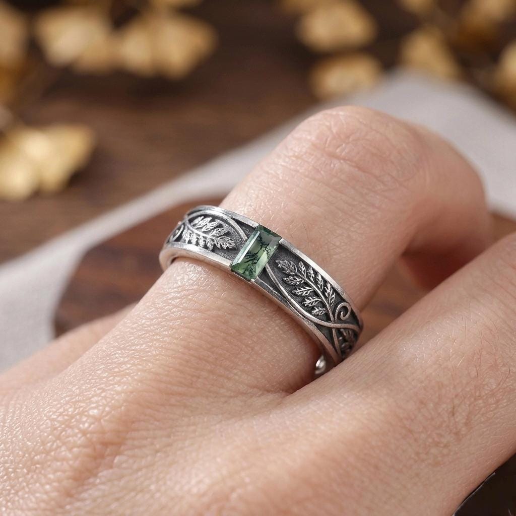 Green Moss Agate Ring, Sterling Silver Leaf Engraved Band, Baguette Cut Botanical Ring