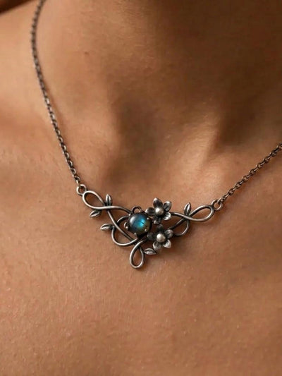 Oxidized Sterling Silver Floral Labradorite Necklace, Vintage Filigree Nature Jewelry
