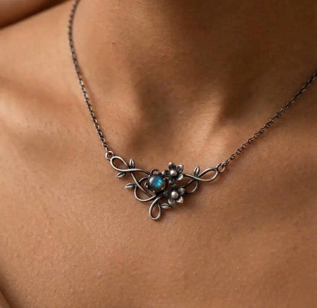 Oxidized Sterling Silver Floral Labradorite Necklace, Vintage Filigree Nature Jewelry