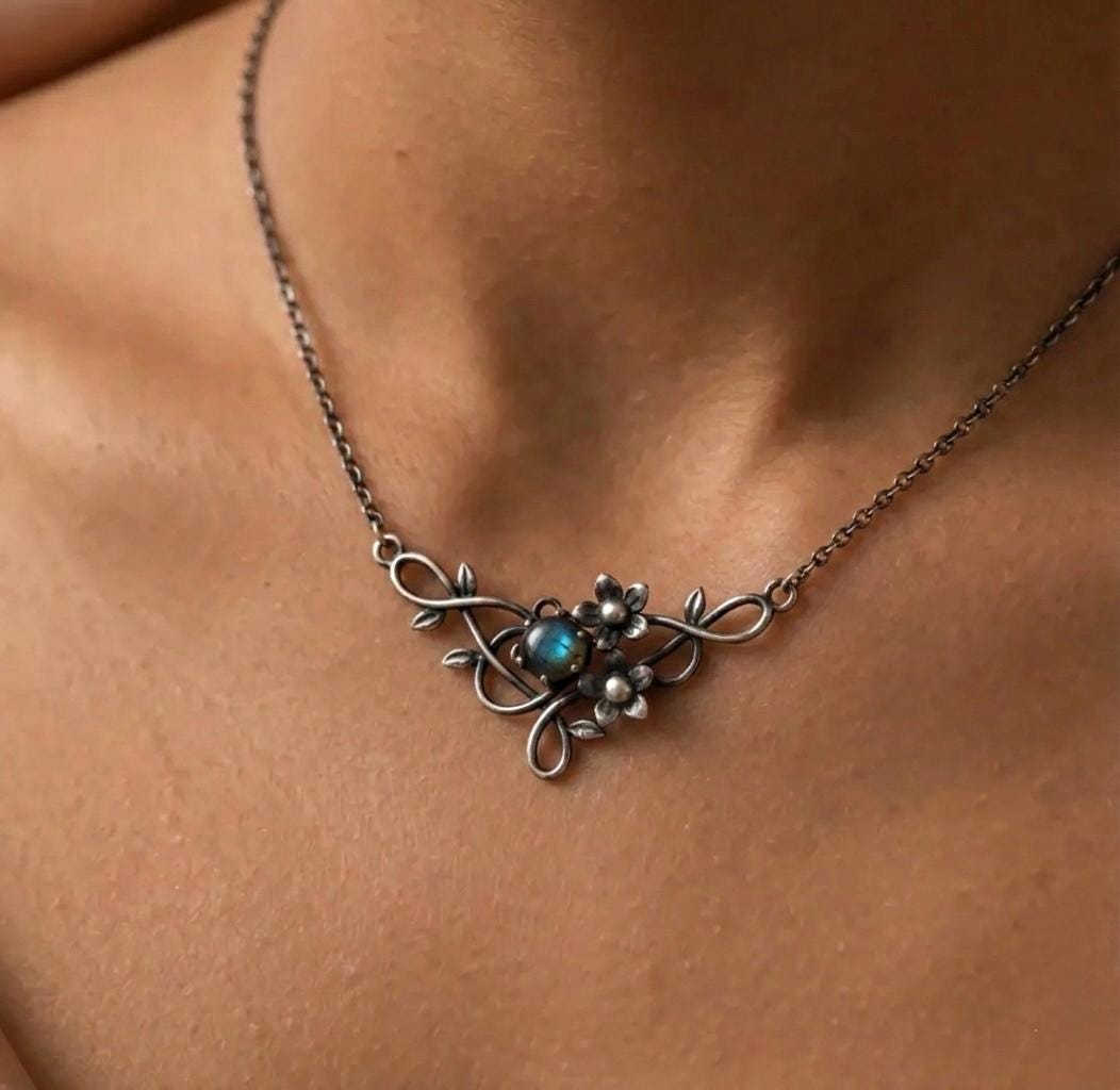 Oxidized Sterling Silver Floral Labradorite Necklace, Vintage Filigree Nature Jewelry