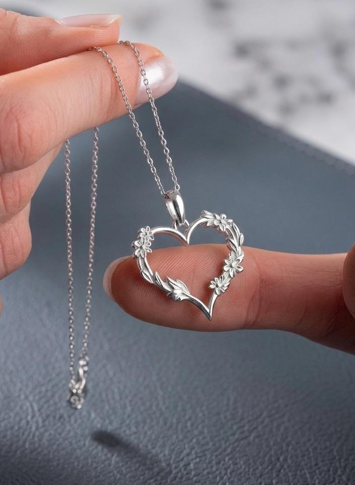 Sterling Silver Floral Heart Outline Necklace, Dainty Love Pendant, Everyday Jewelry