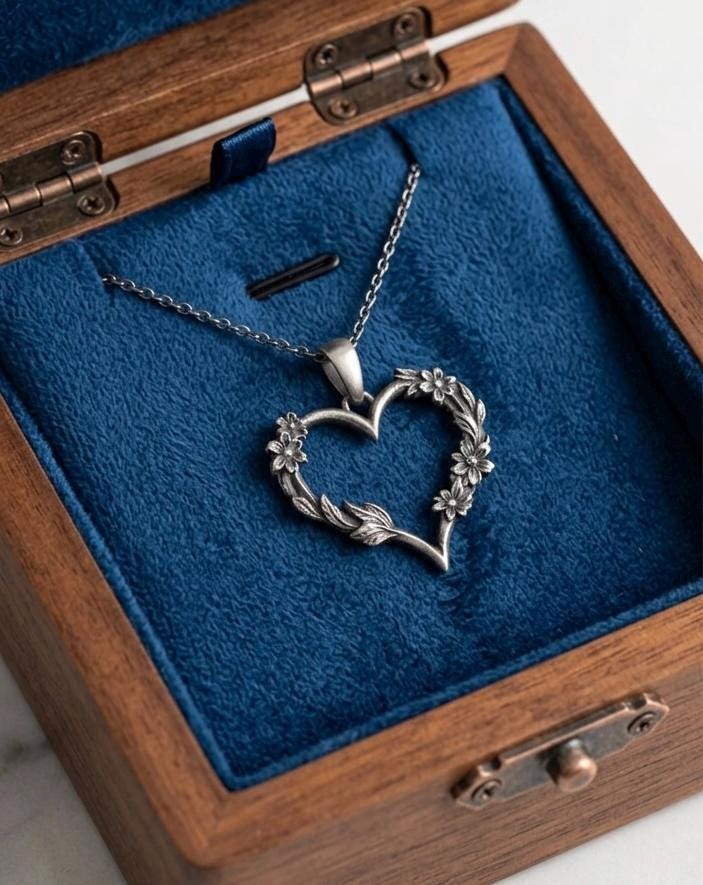 Sterling Silver Floral Heart Outline Necklace, Dainty Love Pendant, Everyday Jewelry