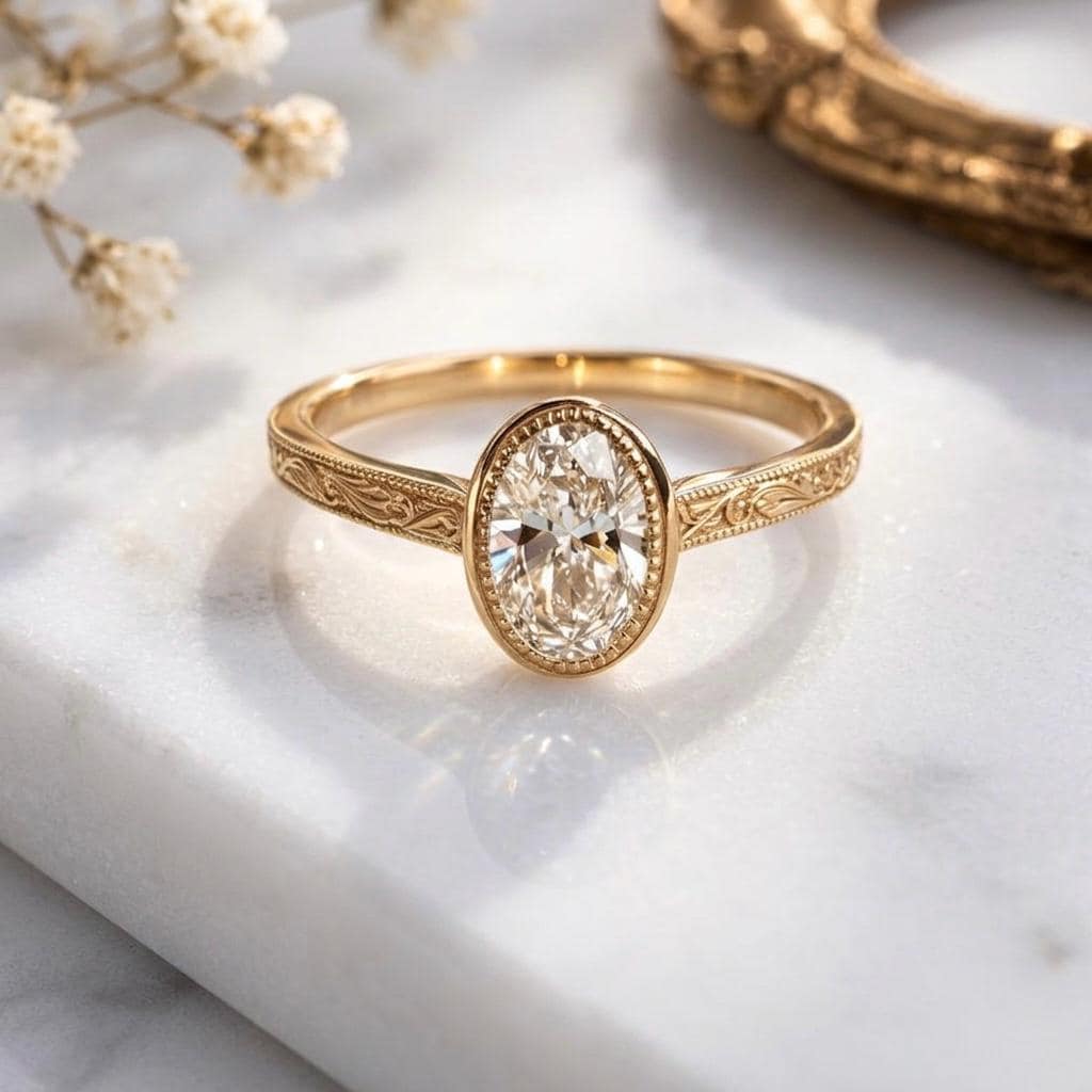 Oval Moissanite Diamond Ring, 925 Sterling Silver, Art Deco Milgrain Band