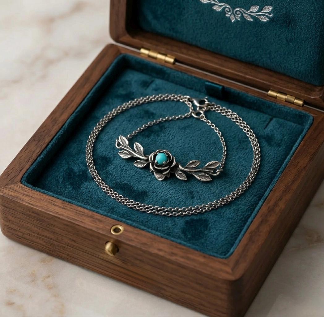 Sterling Silver Rose Turquoise Choker, Oxidized Botanical Leaf Pendant Necklace