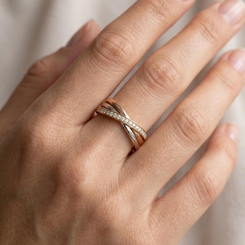 Moissanite Diamond Crossover Ring, Sterling Silver, Twisted Band, Mixed Metal Tones