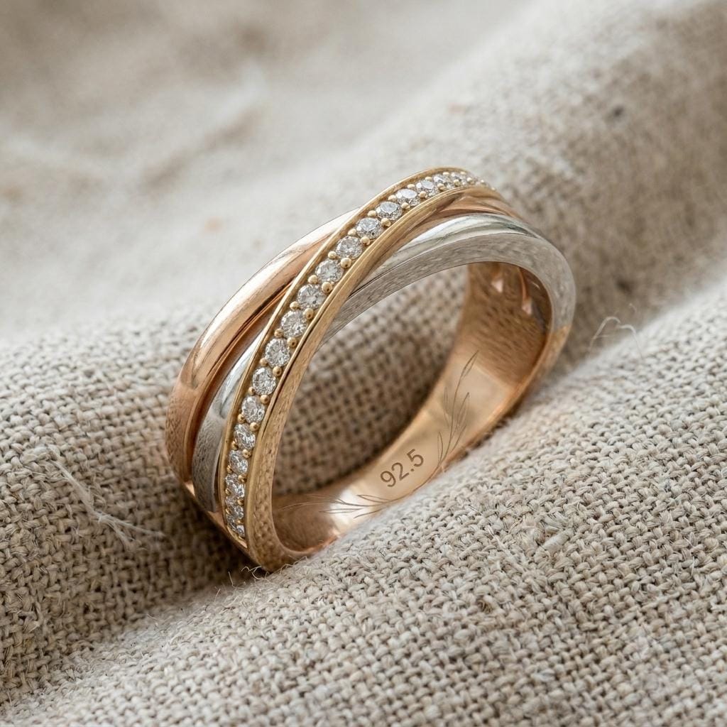 Moissanite Diamond Crossover Ring, Sterling Silver, Twisted Band, Mixed Metal Tones