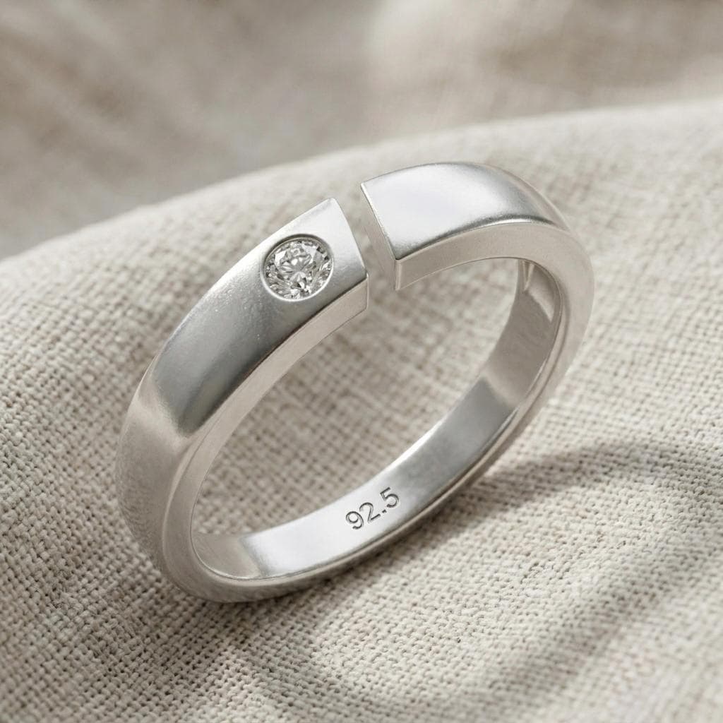 Moissanite Diamond Open Ring, Bezel Set, 925 Sterling Silver, Geometric Band
