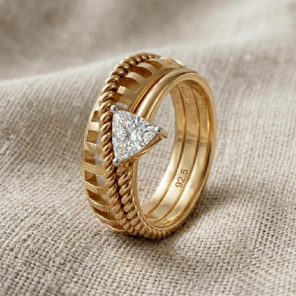 Trillion Cut Moissanite Ring, Gold Plated Sterling Silver, Twisted Rope Band Statement Ring