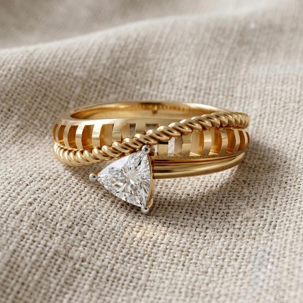 Trillion Cut Moissanite Ring, Gold Plated Sterling Silver, Twisted Rope Band Statement Ring