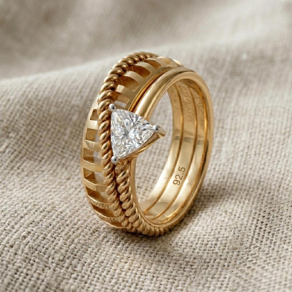 Trillion Cut Moissanite Ring, Gold Plated Sterling Silver, Twisted Rope Band Statement Ring