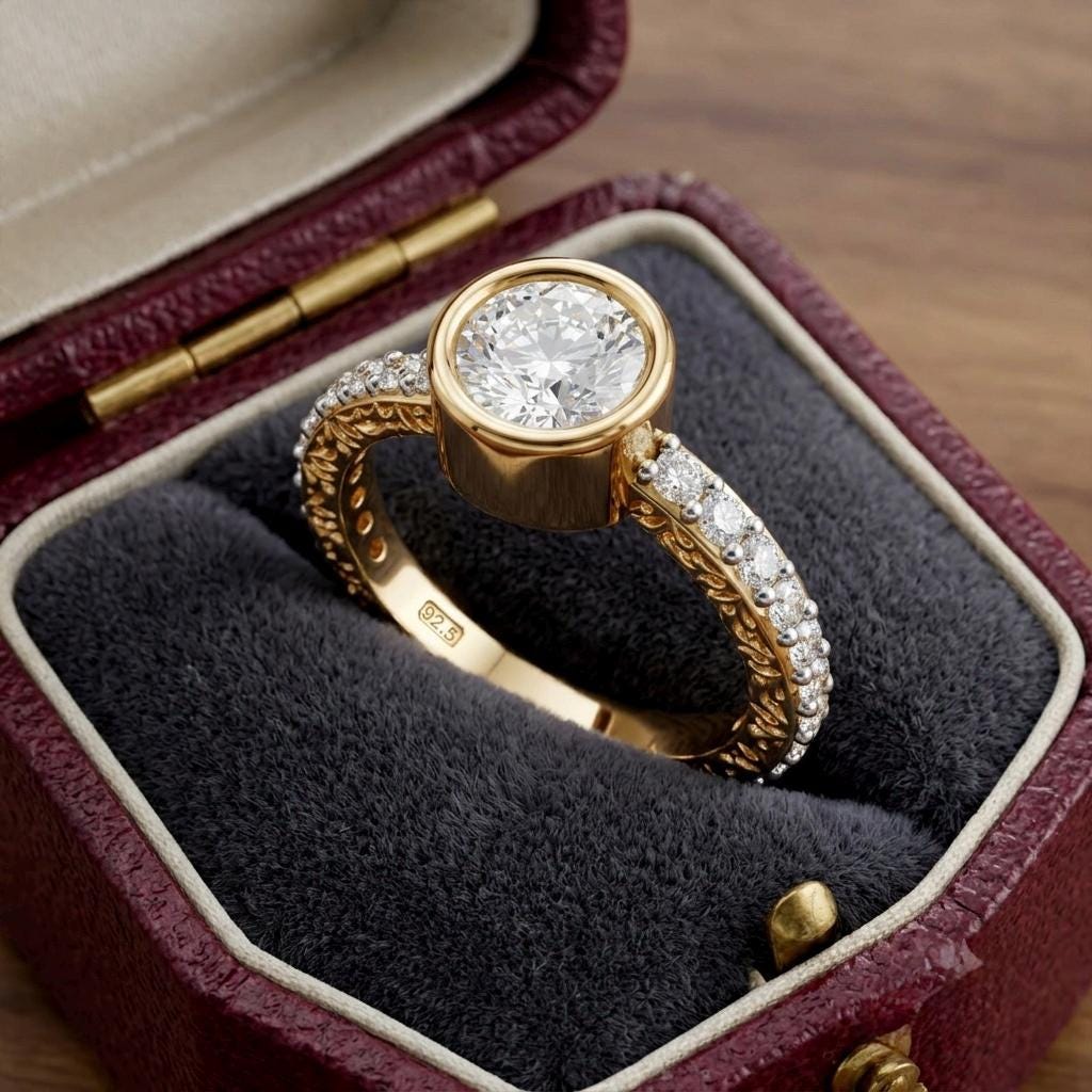 Round Moissanite Bezel Ring, Gold Plated Sterling Silver Pave Band Engagement Ring