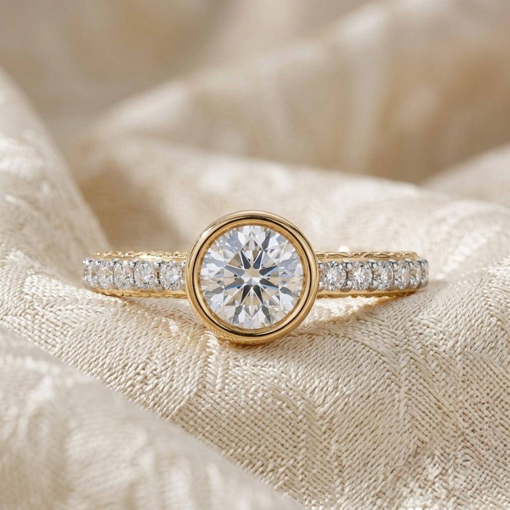 Round Moissanite Bezel Ring, Gold Plated Sterling Silver Pave Band Engagement Ring
