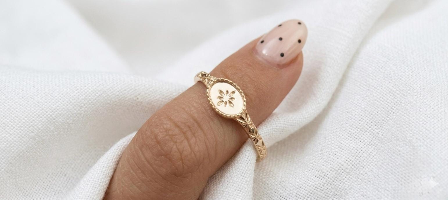 Vintage Floral Engraved Oval Signet Ring, Sterling Silver Boho Band
