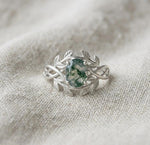 Moss Agate Leaf Ring, Sterling Silver Nature Inspired Boho Promise Ring
