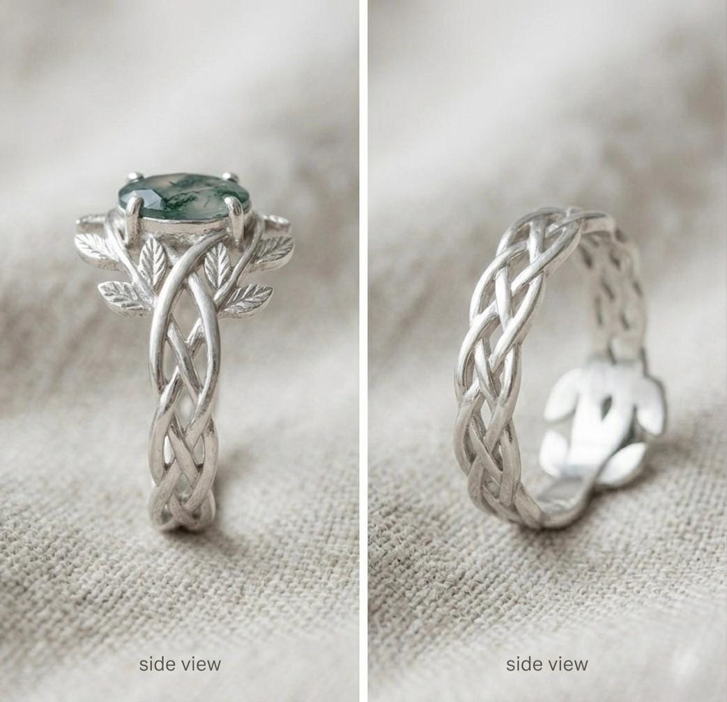Moss Agate Leaf Ring, Sterling Silver Nature Inspired Boho Promise Ring