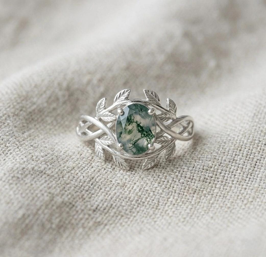 Moss Agate Leaf Ring, Sterling Silver Nature Inspired Boho Promise Ring