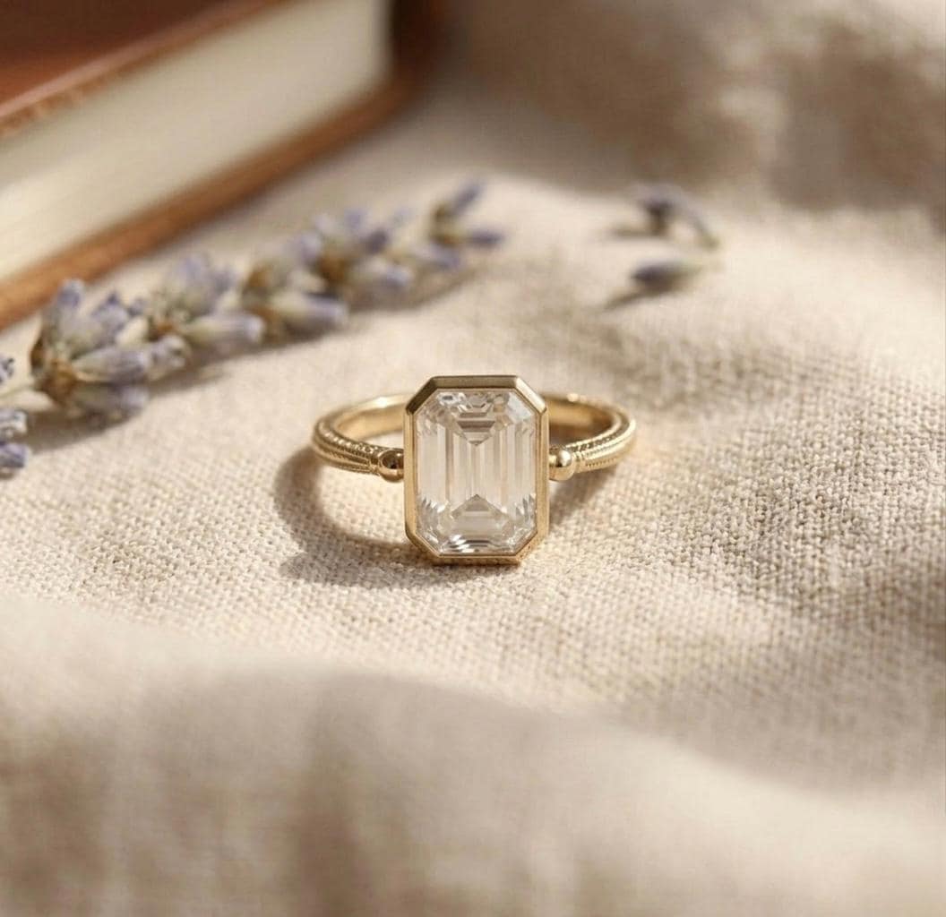 Emerald Cut Moissanite Ring, Bezel Set, 925 Sterling Silver, Vintage Milgrain Solitaire