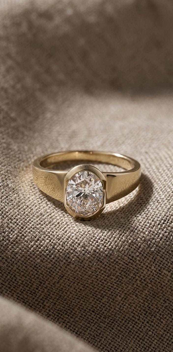 Oval Cut Solitaire Ring, Gold Bezel Setting, Minimalist Engagement Ring