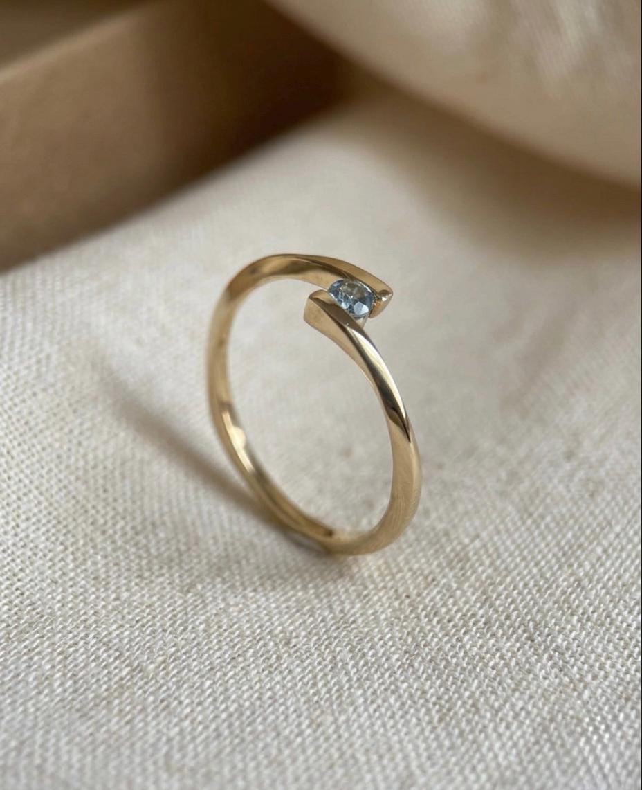 Natural Aquamarine Wrap Ring, Minimalist Gold, March Birthstone, Adjustable Band