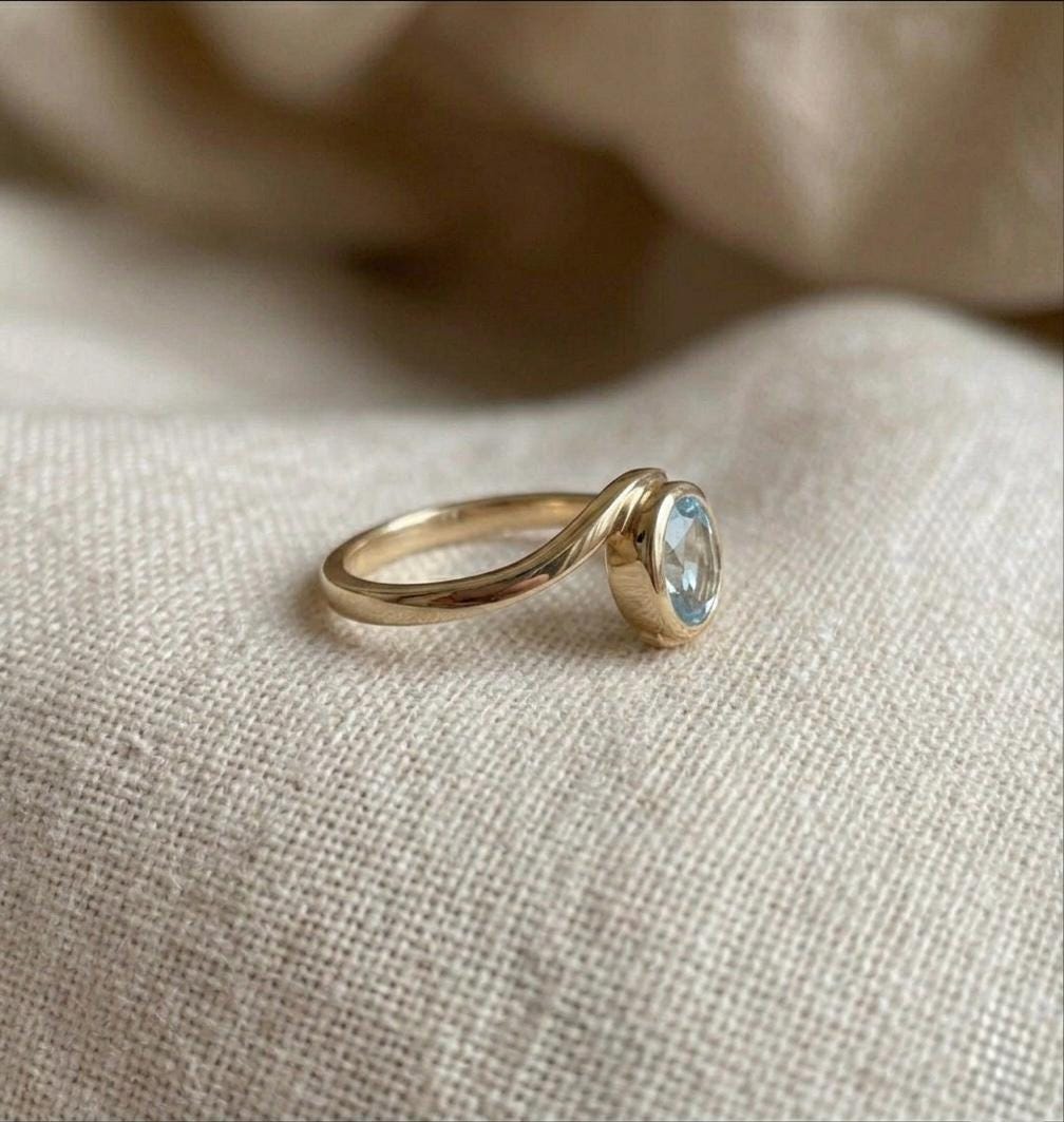 Oval Aquamarine Wrap Ring, Minimalist Gold, March Birthstone, Sterling Silver Promise Ring