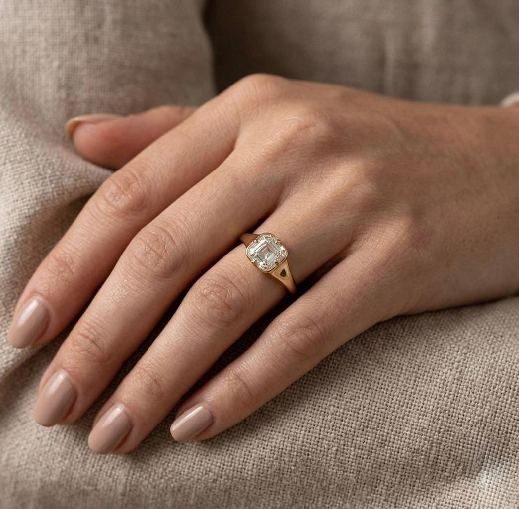 Asscher Cut Solitaire Ring, Gold Minimalist Engagement, Vintage Moissanite Promise Ring