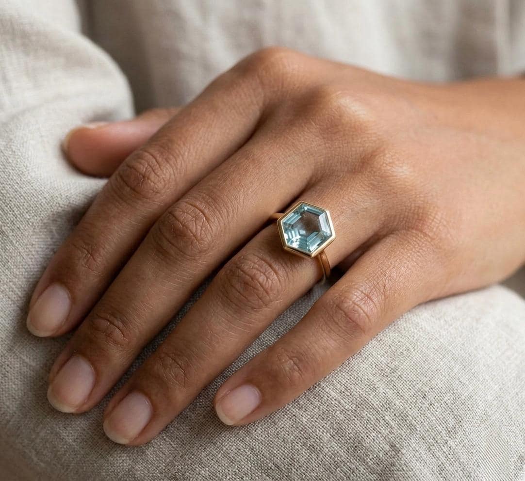 Hexagon Aquamarine Ring, Bezel Set, 925 Sterling Silver Geometric Solitaire, March Birthstone Gift