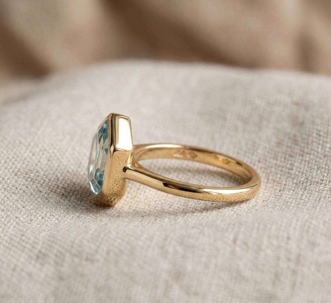 Hexagon Aquamarine Ring, Bezel Set, 925 Sterling Silver Geometric Solitaire, March Birthstone Gift