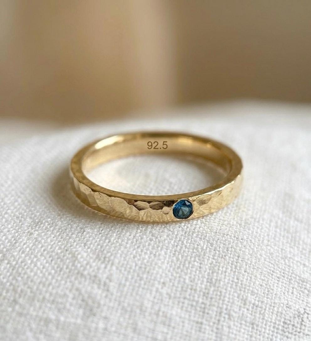 Hammered Gold Emerald Ring, 925 Sterling Silver, Dainty Stacking Band, May Birthstone, Minimalist Jewelry