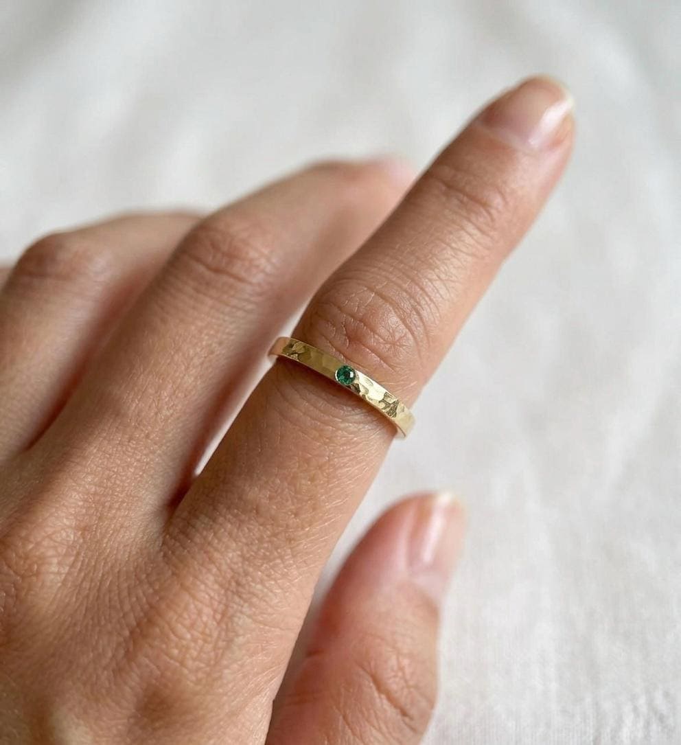 Hammered Gold Emerald Ring, 925 Sterling Silver, Dainty Stacking Band, May Birthstone, Minimalist Jewelry
