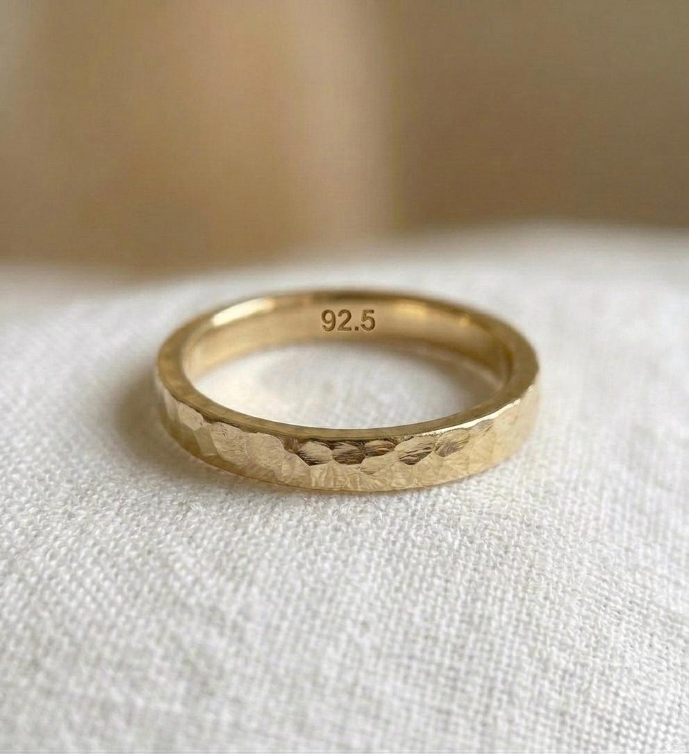 Hammered Gold Emerald Ring, 925 Sterling Silver, Dainty Stacking Band, May Birthstone, Minimalist Jewelry