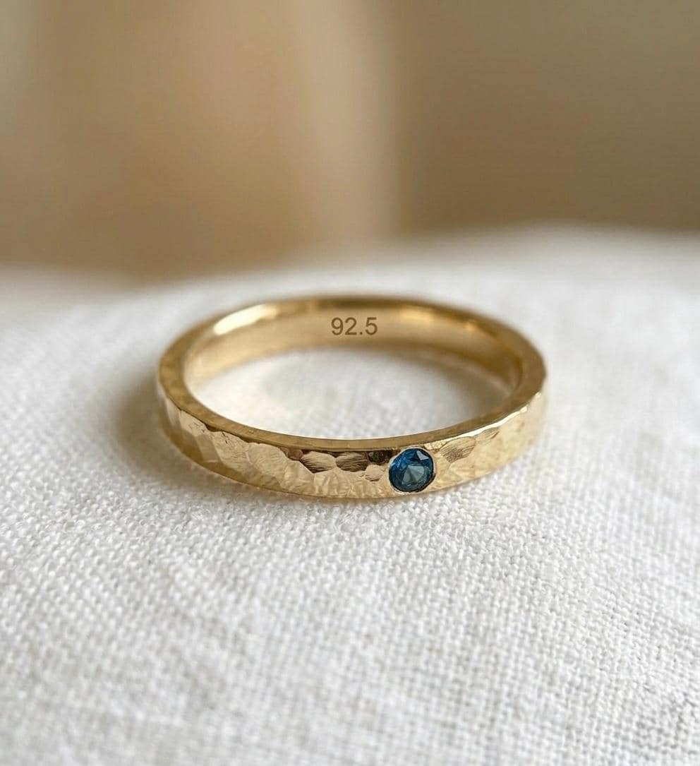 Hammered Gold Emerald Ring, 925 Sterling Silver, Dainty Stacking Band, May Birthstone, Minimalist Jewelry