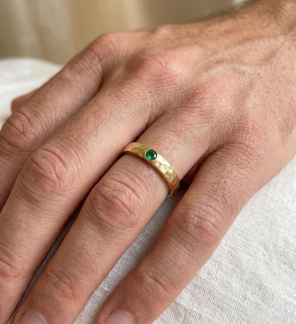 Hammered Gold Emerald Ring, 925 Sterling Silver, Dainty Stacking Band, May Birthstone, Minimalist Jewelry