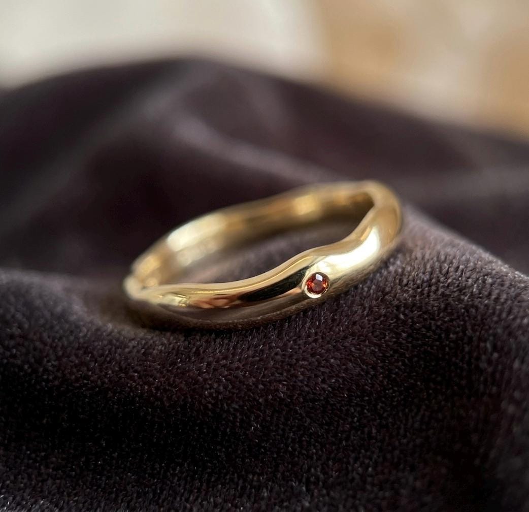 Wavy Molten Garnet Ring, Organic Wave Stacking Band, 925 Sterling Silver, January Birthstone