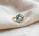 Hexagon Aquamarine Ring, Bezel Set, 925 Sterling Silver Geometric Solitaire, March Birthstone Gift