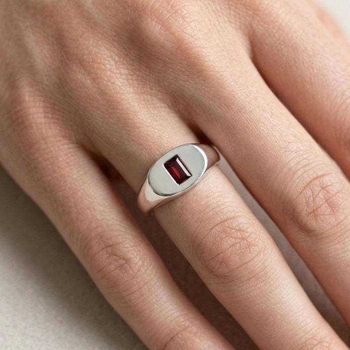 Red Tourmaline Signet Ring, 925 Sterling Silver, Minimalist Pinky Ring, October Birthstone