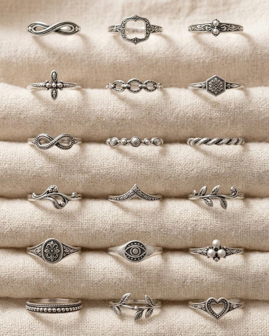 Vintage Inspired Sterling Silver Rings Set, Dainty Stackable Boho Bands