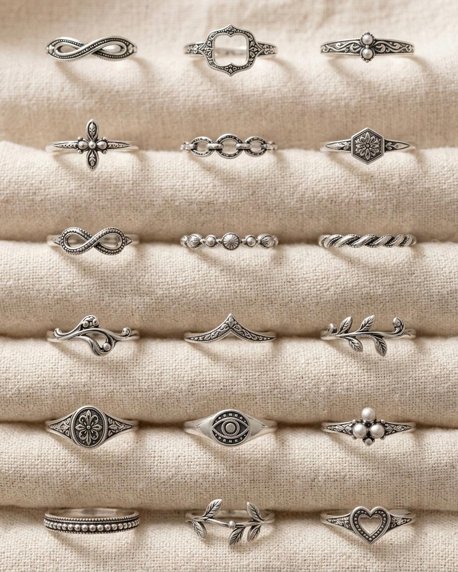 Vintage Inspired Sterling Silver Rings Set, Dainty Stackable Boho Bands