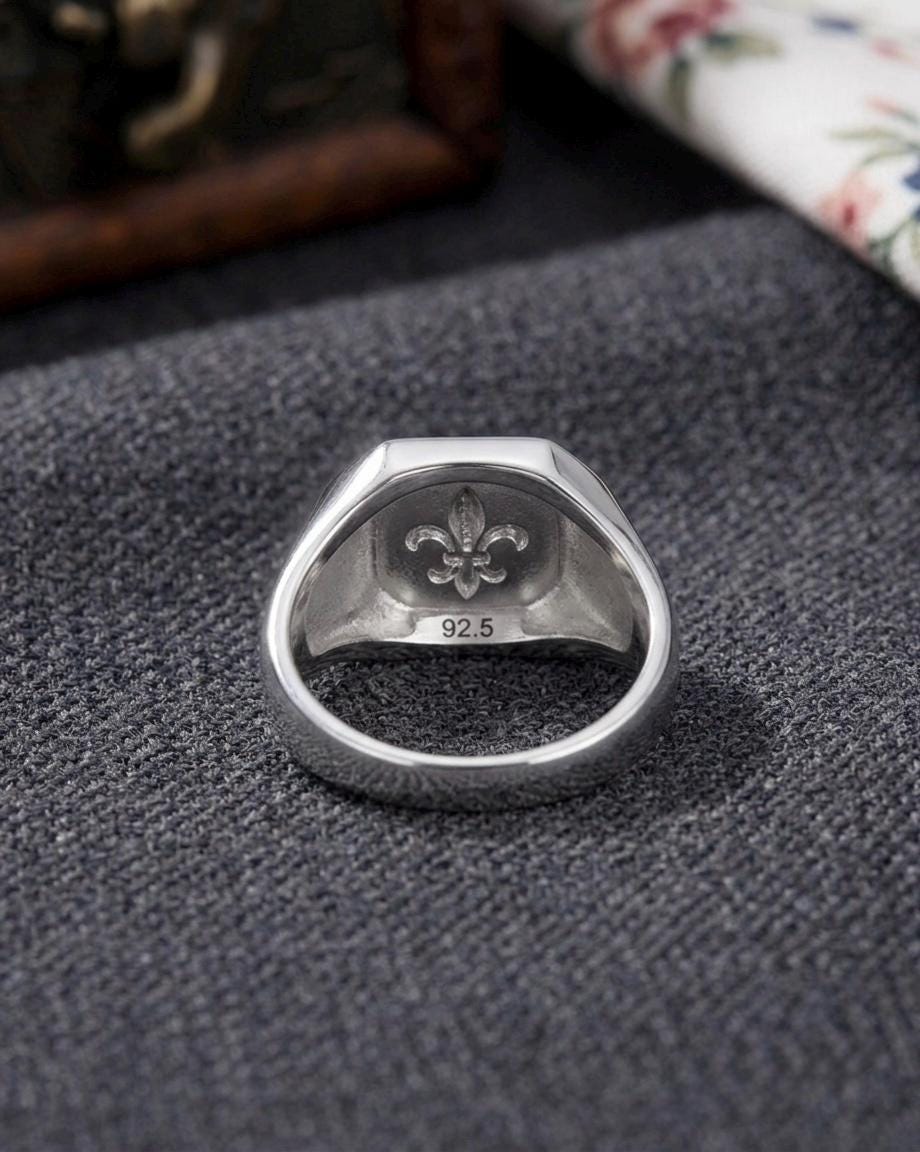 Fleur De Lis Signet Ring, Sterling Silver, Engraved Crest, Minimalist Statement, Unisex Jewelry
